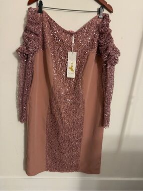 Off-Shoulder Long Sleeve Sequin Lace Dress in Mauve Pink